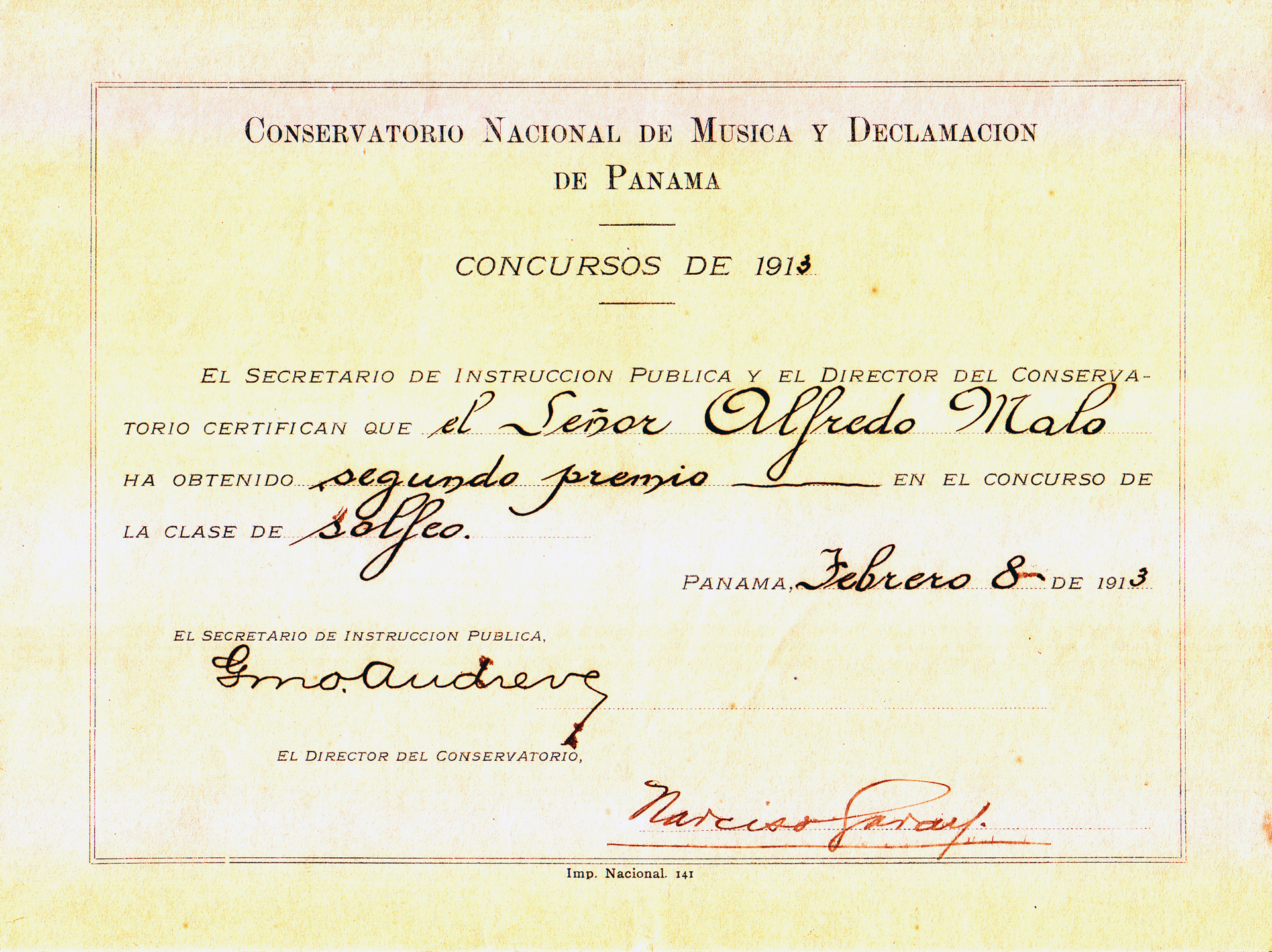 Concurso de Solfeo – Segundo lugar – 1913